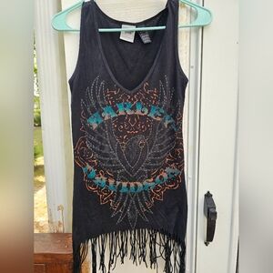 Harley Davidson Vtg Tank Top Black Fringe Bling Eagle Y2k Women XS Genuine USA